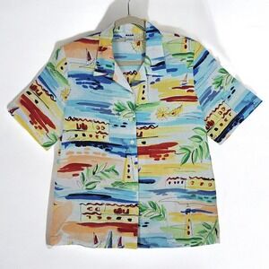 Vintage ALIA Short‎ Sleeve Button Up Shirt Women 12 Lighthouse Beach Scene Print